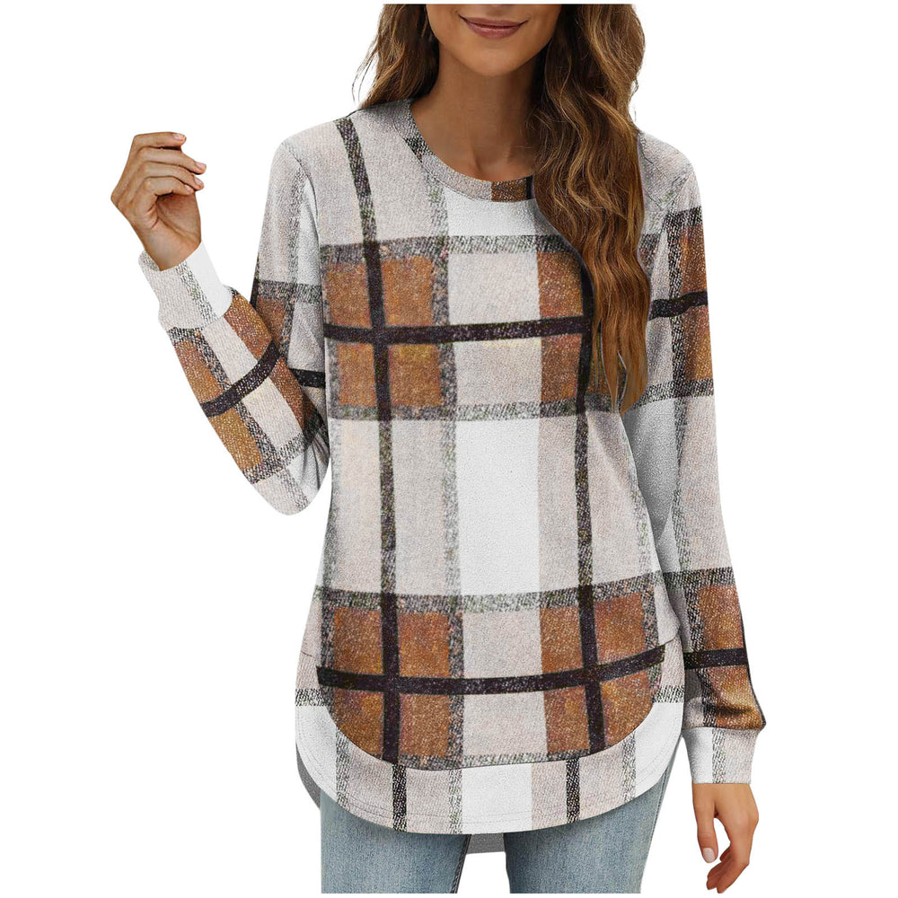 new women's casual loose plaid long sleeve crew neck irregular hem top - perfect for cross-border  sales