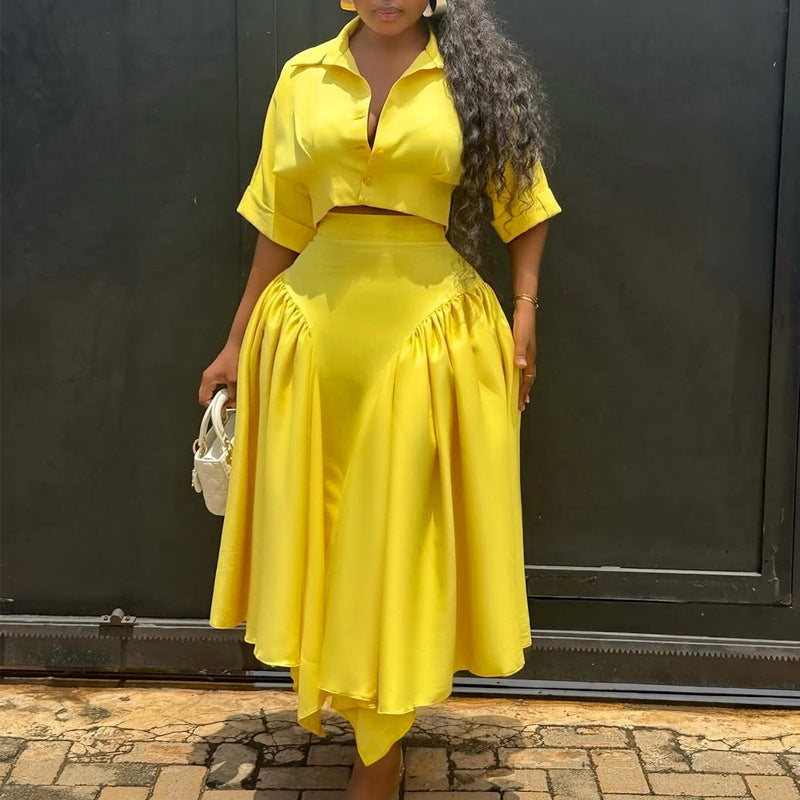 Lapel shortshirtsuit skirt, navel-baring topsasymmetrical pleated skirt, elegant party two-piece set