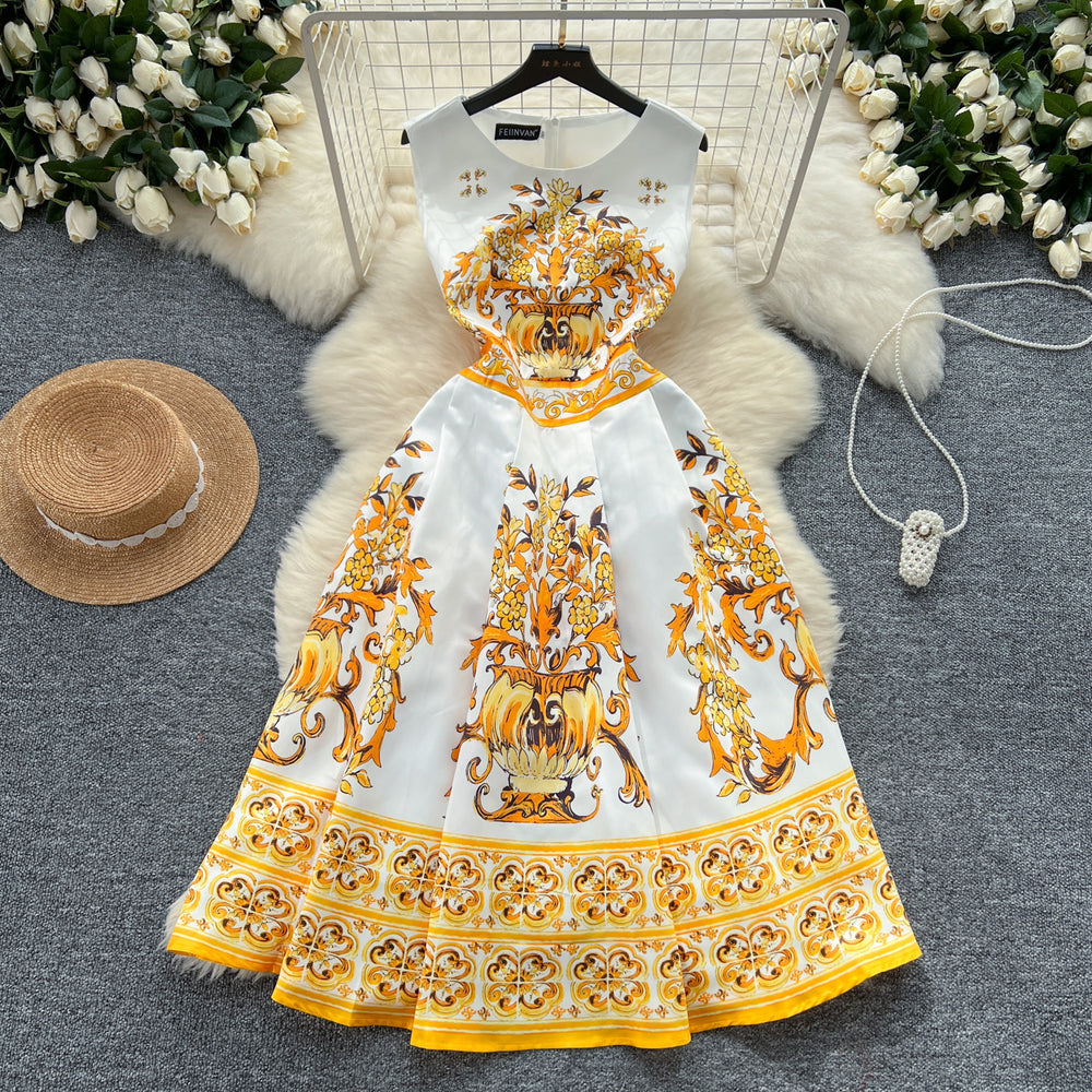 European and american high-end fashion women's vintage style position print slimming waist elegant round neck sleeveless dress