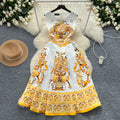 European and american high-end fashion women's vintage style position print slimming waist elegant round neck sleeveless dress