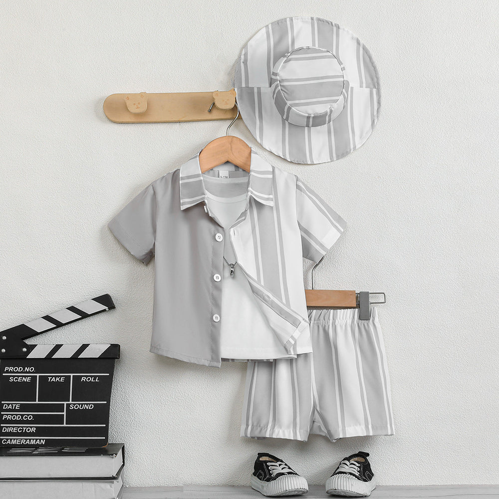 New summer collection: baby & toddler boy's striped color block top + shorts + hat three-piece set - european & american style, cross-border kids' outfit
