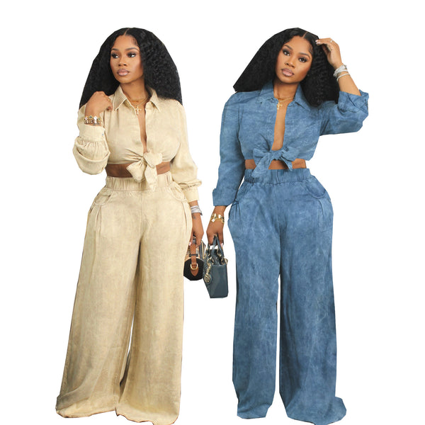 TW506 European and American autumn new women's clothing long-sleeved casual wide-leg pants set loose casual shirt trousers set
