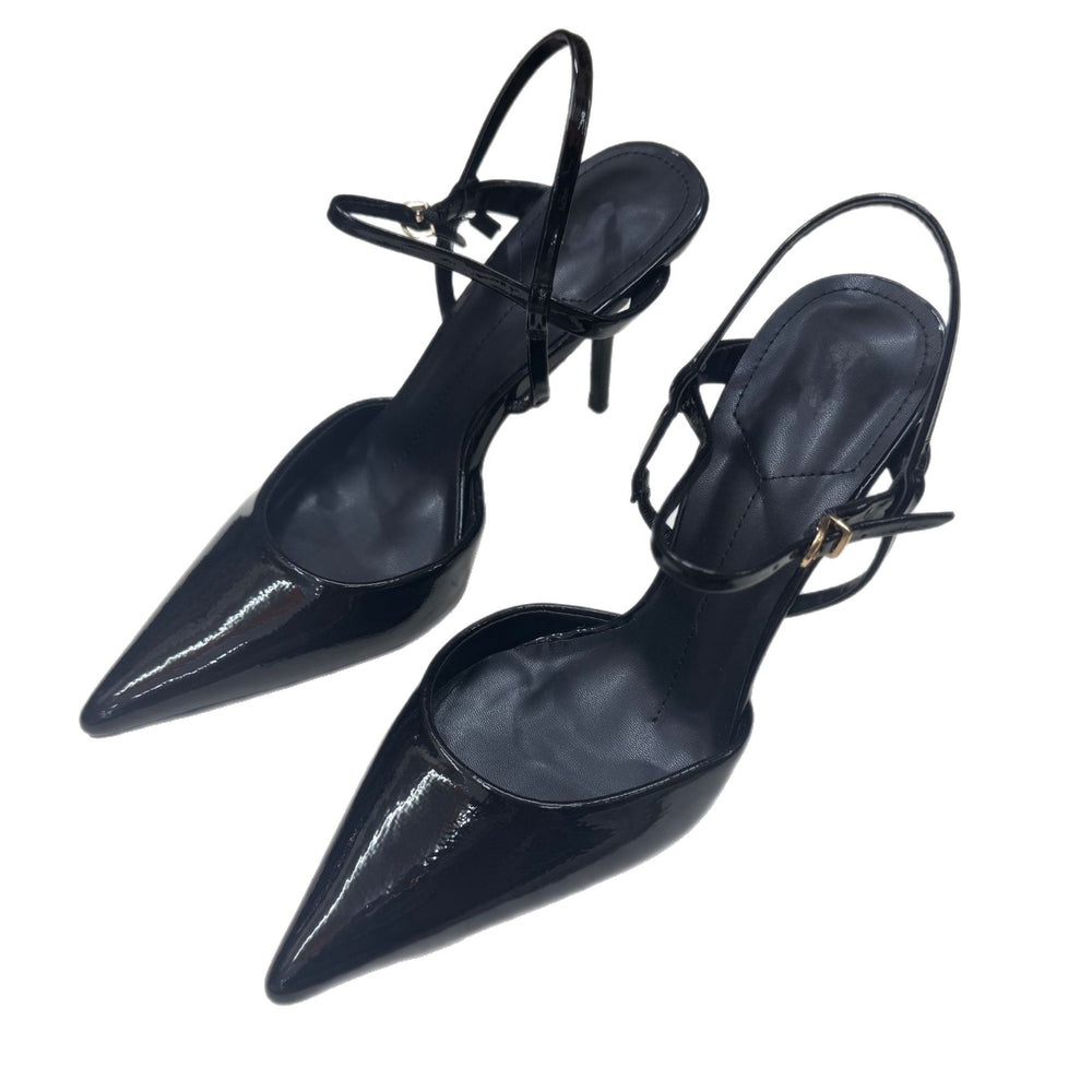 Spanish summer new arrivals: women's patent leather-effect pointed-toe high heel slingback mules with decorative straps and cutout detail