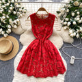 Luxury style sleeveless dress for women - summer mesh lace, cinched waist design, mature & chic, queen bee mini dress