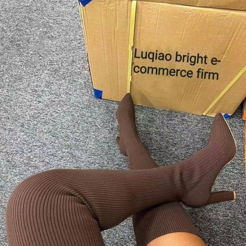 Autumn winter pointed toe thick heel knitting over-the-knee boots women's fashion cross-border exportplus size elastic wool socks boots