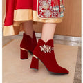 Wedding shoes bridal shoes winter fleece-lined thick heel 2023new arrivalwinter red high heels women's wedding boots not tired feet