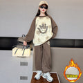 Girls' sweatshirt autumn/winter  new collection: kids' fleece-lined set, thickened winter outfit for older girls, stylish and trendy clothing