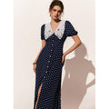 Amazon european style retro casual elegant polka dot pattern puff sleeve single-breasted elegant long dress