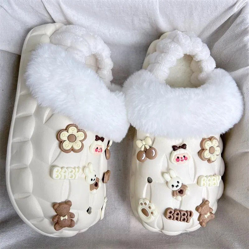 2025 women's winter slippers: cute cartoon design, thick sole, fleece lined, non-slip, wear-resistant, warm, detachable waterproof cotton shoes