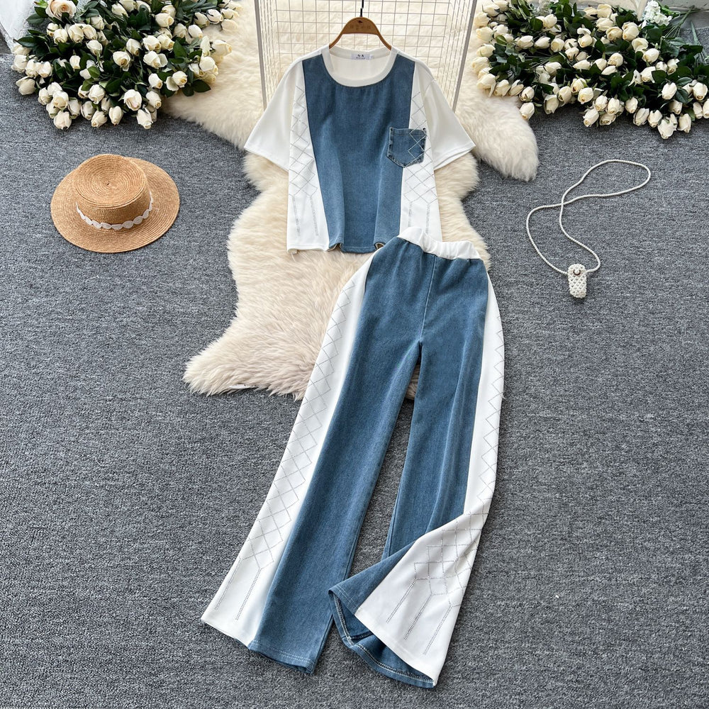 Fashionsuit women's summer hong kong style retro heavy industry hot diamond denim patchwork short sleeve topshigh waistloose straight-leg pants