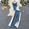 Fashionsuit women's summer hong kong style retro heavy industry hot diamond denim patchwork short sleeve topshigh waistloose straight-leg pants
