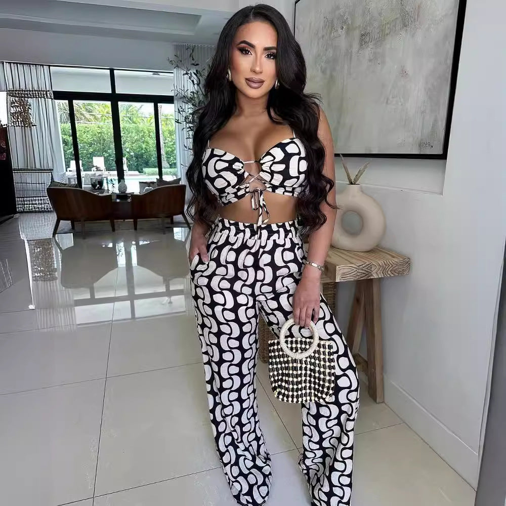 S10832 Europe and America, two-piece set of printed straps, hollowed-out suspenders, wide-leg pants