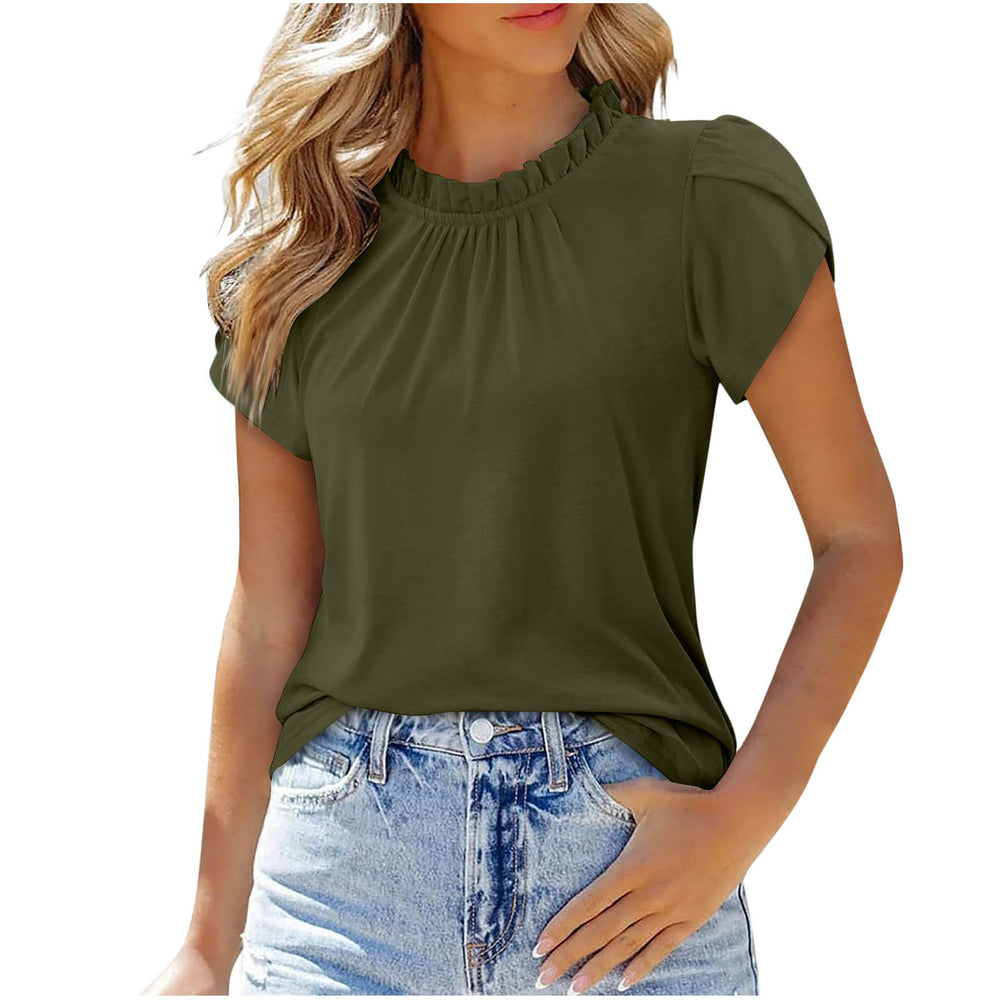 cross-border women's solid color button-down crew neck short sleeve ruched top