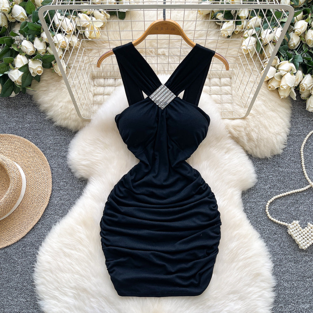 Goddess style sexy heavy industry diamond halter suspender dress heart ruched silm slimming look hip cover backless short skirt
