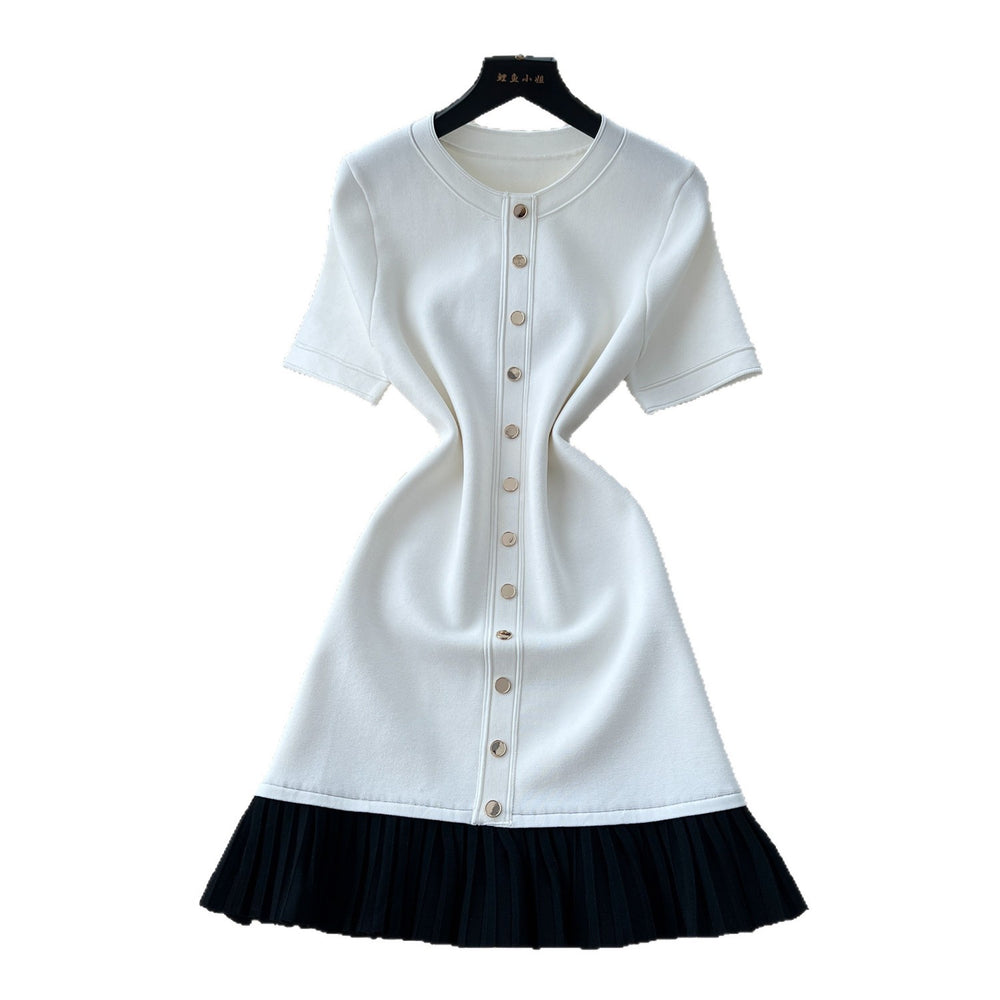 Xiaoxiangfeng knittingdress women's  summer fashion metal button short sleeve pleated patchwork classy work clothing skirt