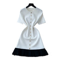 Xiaoxiangfeng knittingdress women's  summer fashion metal button short sleeve pleated patchwork classy work clothing skirt