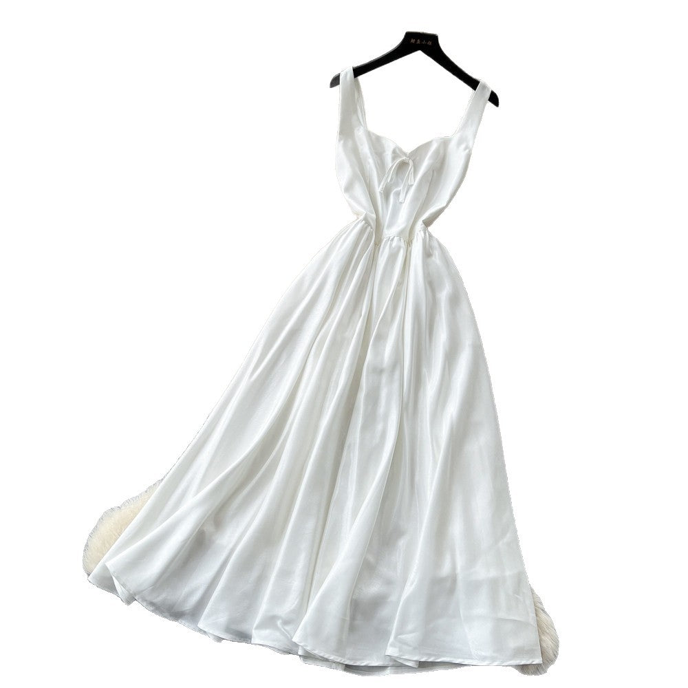 fashionexport suspender dress for women summer waist-cinching casual long skirt pure color suspender banquet dress
