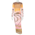 European and american style cross-border fashion slim-fit women's patchwork print bodycon dress - vintage high neck long sleeve sheer maxi dress