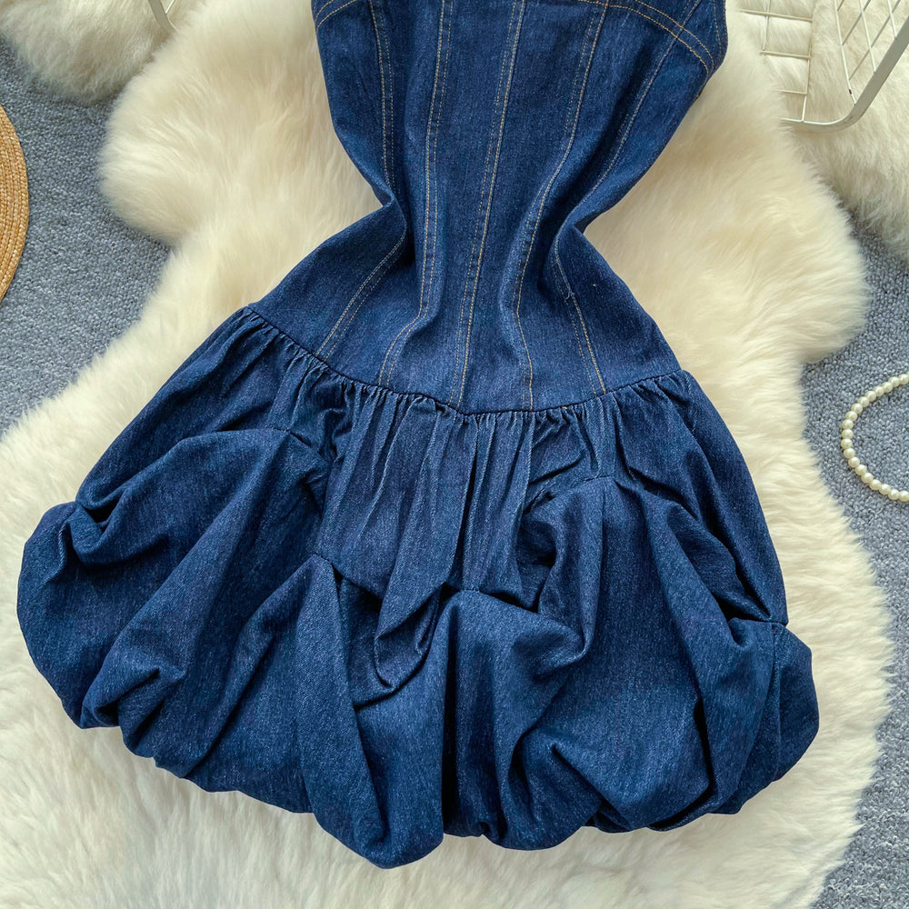 Spicy girl suspender denim flower bud dress women's summer k-style niche design waist slimming lookelegant a-line skirt