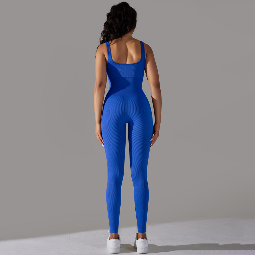 seamless knitting threaded pure color tight flat collar jumpsuit sports running fitness yoga wear one-piece suit