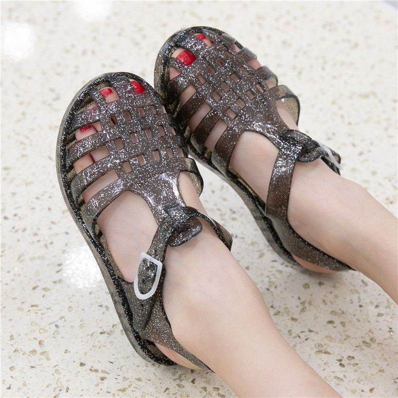 new summer closed-toe women's hollow-out sandals, fine glitter flat crystal roman sandals, jelly shoes, rain boots, kids' shoes