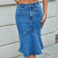 European and american style mid-waist elastic denim skirt flared fishtail mid-length skirt silm hip-covering patchworkruffles skirt