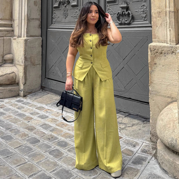 Cross-border European and American temperament fashionable square collar striped suspender top women's  casual trousers new foreign style two-piece set