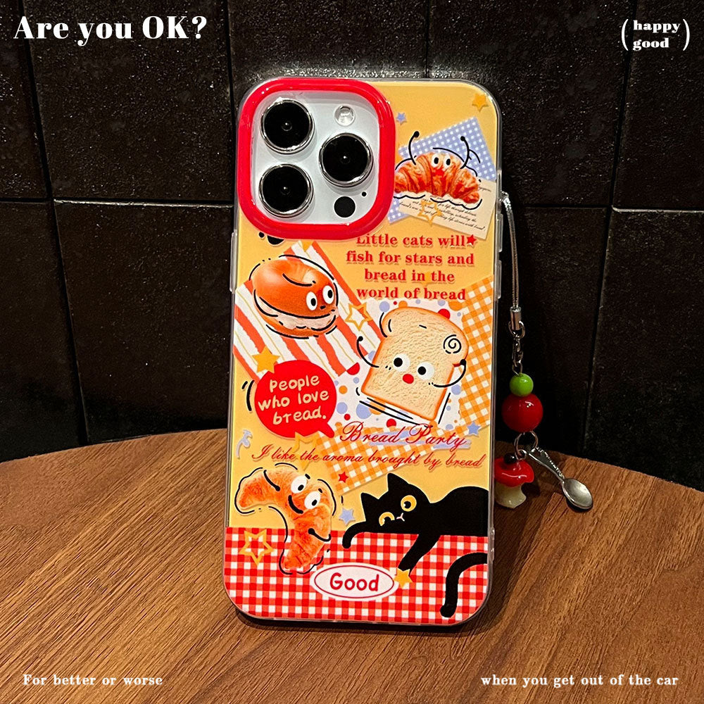 Bread and black cat compatible apple 17 air stand protective case creative toast iphone 16 pro phone case 15