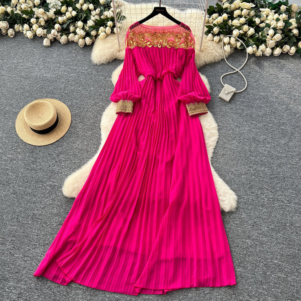 French chic high-end sequin & beaded mesh panel long sleeve bodycon dress - slimming, elegant, and flattering maxi dress for women
