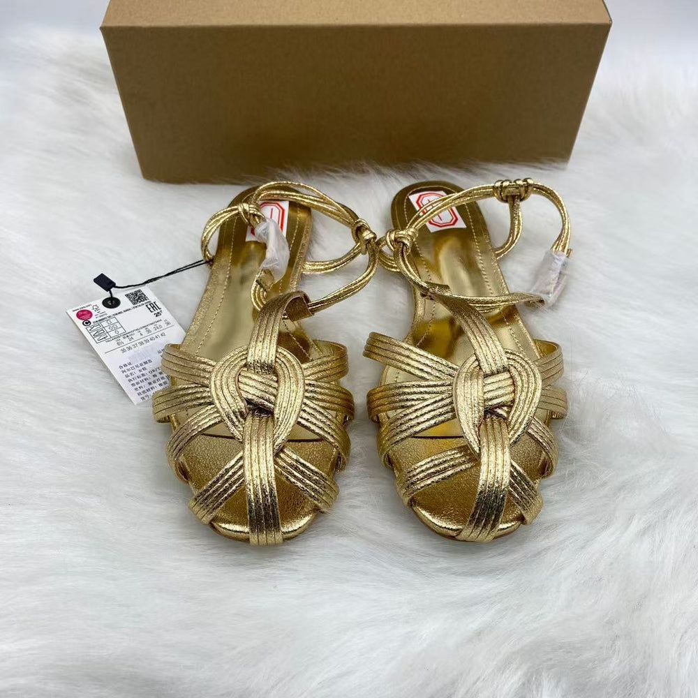 Za cross-border independent station insfashion catwalk electroplated steel heel one-word buckle strap simple open toe women's shoes sandals