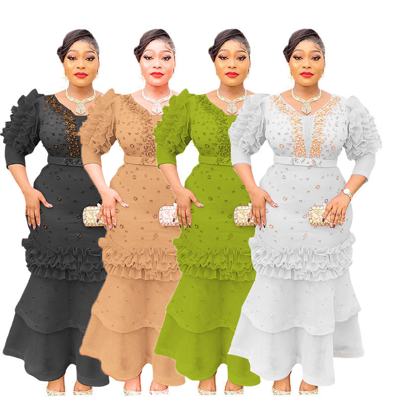 supply of african women's clothing puff sleeve v neck silm hot diamond beaded waist fishtail dress long skirt
