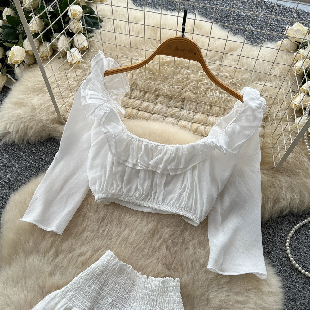 French romantic white square neck puff sleeve top and high-waisted tiered skirt two-piece set - summer vacation style