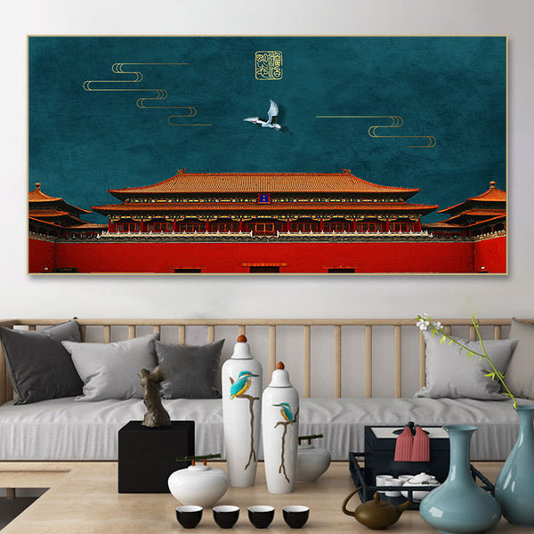 Forbidden City Wall Decorative Painting Chinese Style Dining Room Living Room Sofa Wall Painting Flowers and Birds Festive Red Scenic Murals