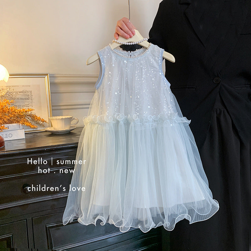 Princess dress  new girls' dress summer chic girls' skirt little girl's stunning sequin mesh dress