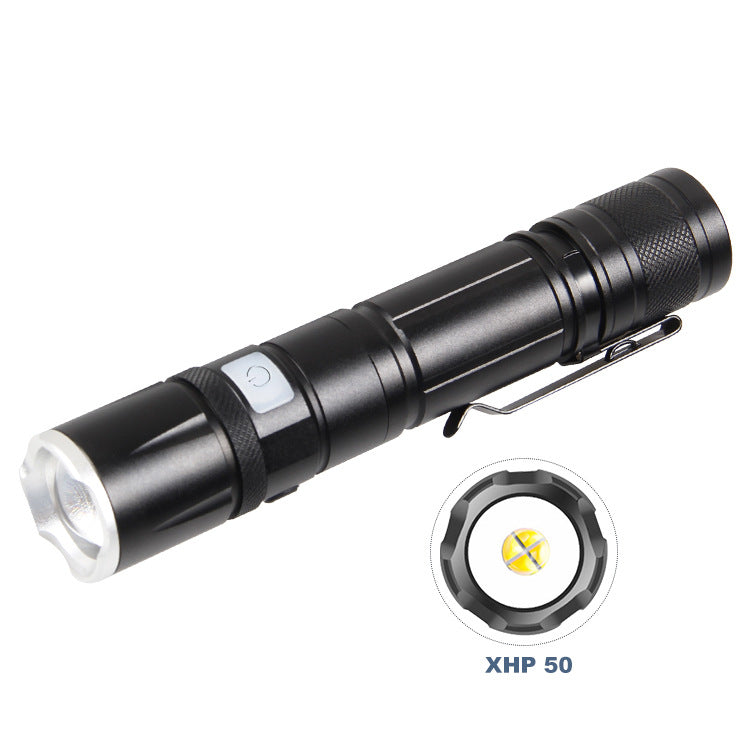 Cross-border new XHP50 strong light USB charging power display LED retractable zoom flashlight with pen buckle