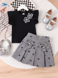 cross-border girls' fashion set: european & american style floral solid ribbed top + a-line pleated skirt two-piece outfit