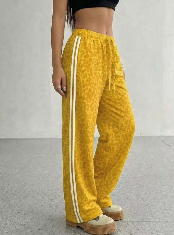 european and american ins style leopard print patchwork wide-leg pants - high waist, loose fit, trendy brand, slimming, casual straight leg