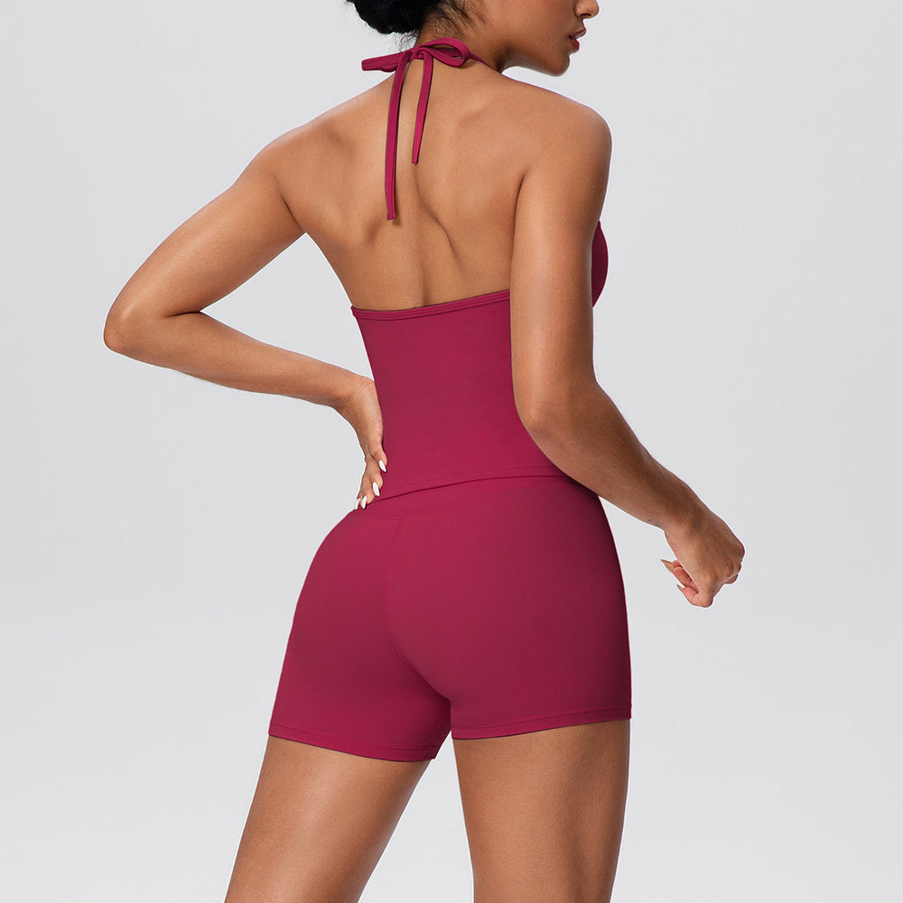 New arrival cross-border pure color brushed beautiful back strap halterhigh waist yoga clothes suit sports running fitness suit for women