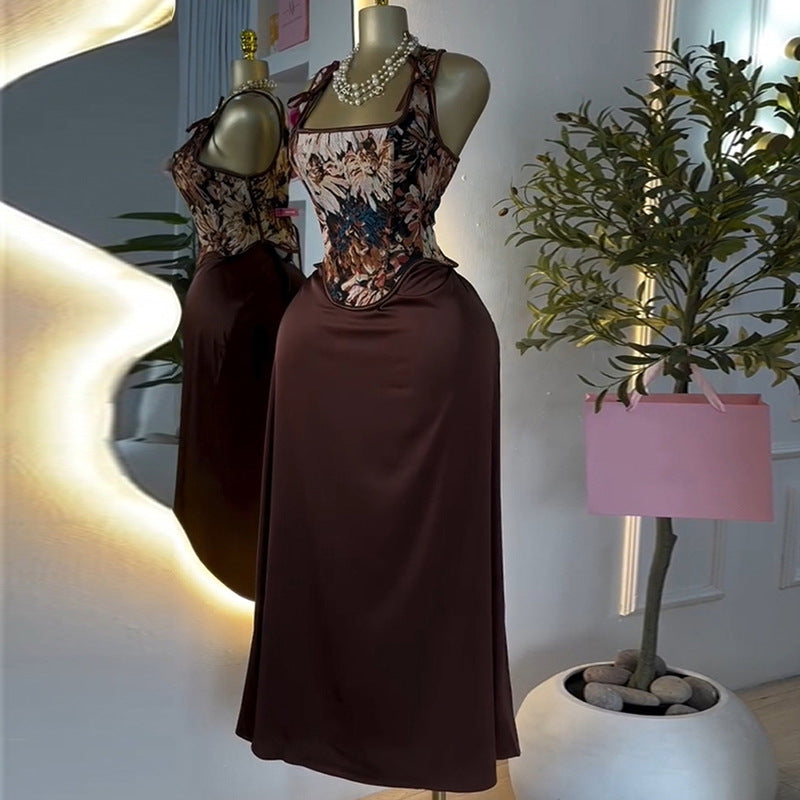 European and american cross-border women's fashion  summer new arrival: elegant printed bowknot vest top and high-waisted midi skirt set