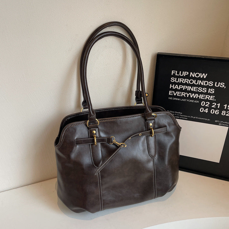 Retro lazy sense, briefcase bag, women's large-capacity texture, solid color, simple and popular foreign-style portable shoulder tote bag