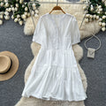 Vintage ink wash v-neck short sleeve a-line dress - women's summer korean style printed slimming design commute chic maxi dress