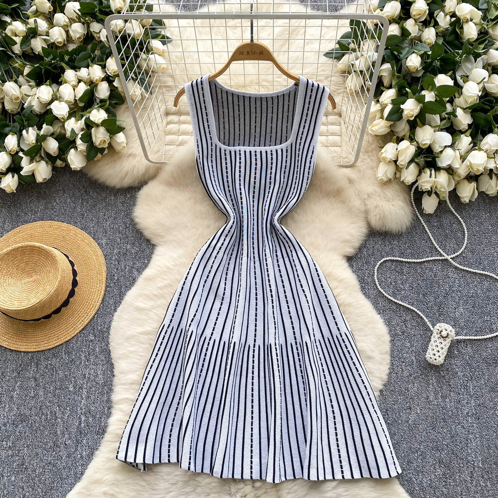 European and american style striped square neck sleeveless knitted dress - women's summer slim fit breathable chic retro mature mid-length dress