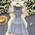 European and american style striped square neck sleeveless knitted dress - women's summer slim fit breathable chic retro mature mid-length dress