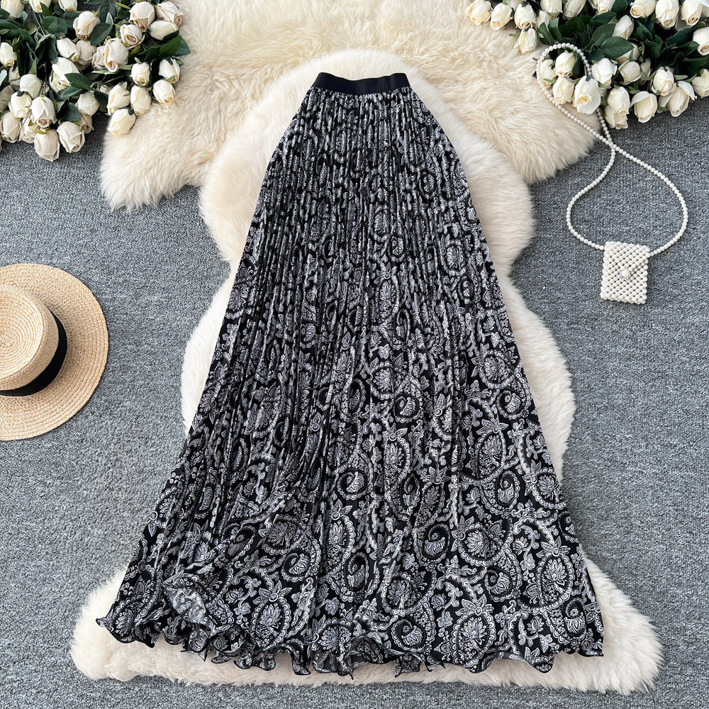 Vintage print pleated elastic waist fashion skirt - women's high-waisted a-line skirt - commute-friendly, flowy maxi skirt for summer