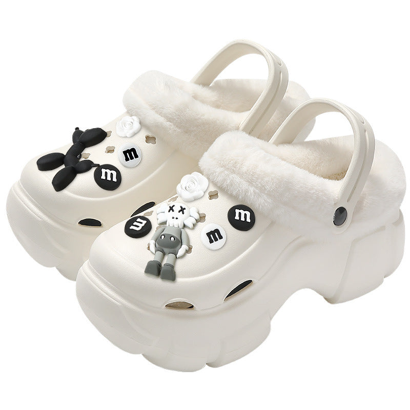 2024 cartoon cotton slippers for girls, new autumn/winter thick-soled, height-increasing, non-slip, two-wear style, fleece-lined warm fuzzy clogs