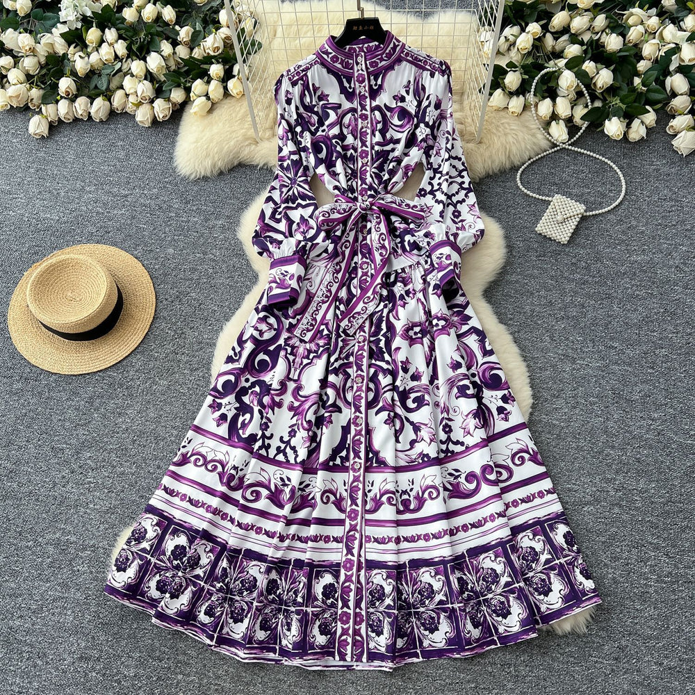 Retro palace style printingdress women's summer lantern sleeves stand collar single breasted strap waist beautiful royal sister long skirt