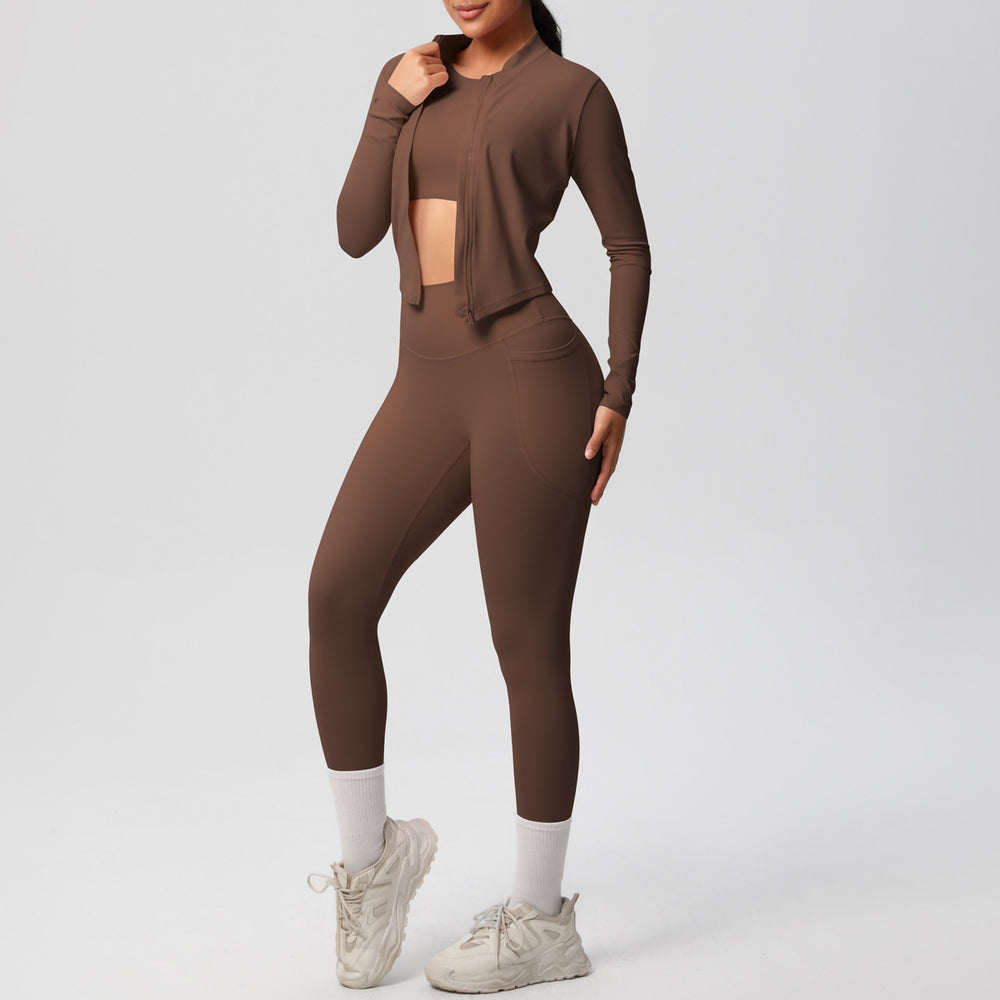 new cloud-soft brushed slim-fit long sleeve activewear set: includes a sporty jacket, casual peach lift leggings, and a yoga top – a three-piece workout outfit