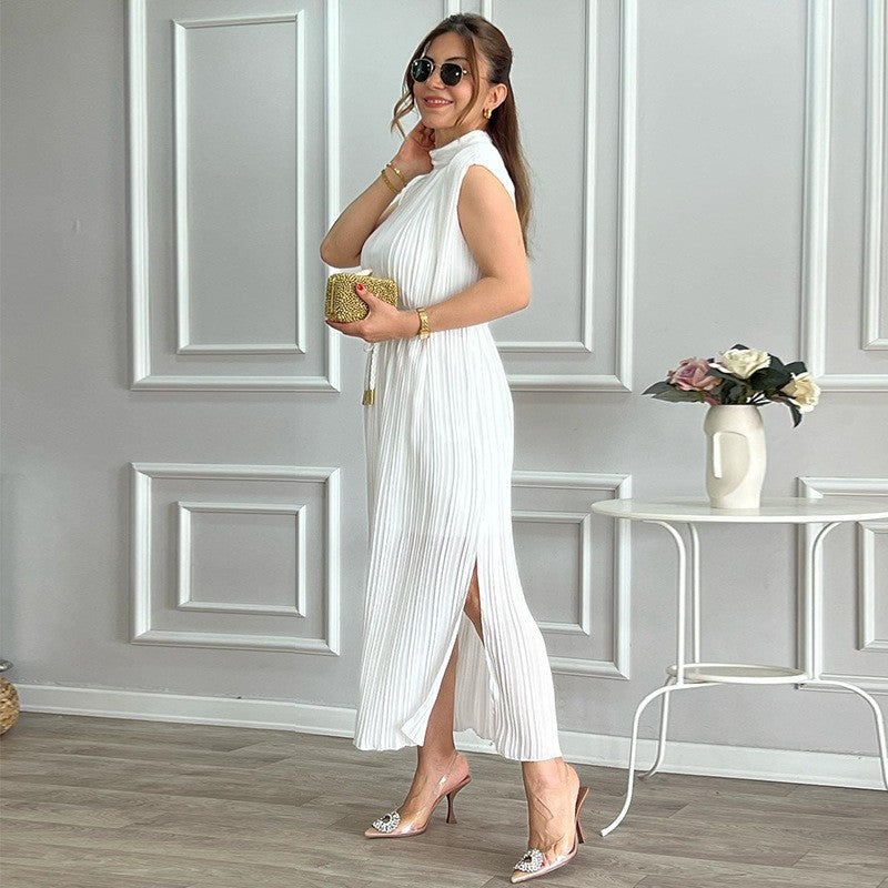 Ready-to-ship european and american export women's clothing,  spring/summer collection: fashionable and minimalist midi dress with mock neck, cinched waist, and tie detail