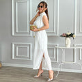 Ready-to-ship european and american export women's clothing,  spring/summer collection: fashionable and minimalist midi dress with mock neck, cinched waist, and tie detail