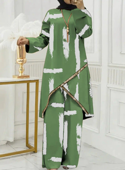 cross-border new arrival: women's two-piece loungewear set - relaxed fit with linear print design